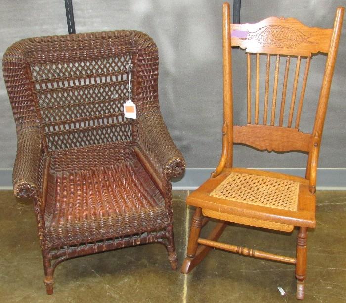Antique Wicker Child's Chair and Antique Pressed Back Child's Rocker 