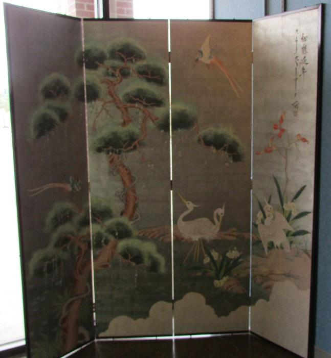 4 Panel Oriental Folding Screen (I Think it is Silk)           72" tall 72" wide when open 