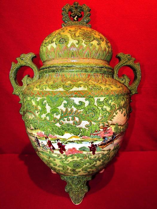 A Beautiful Moriage Nippon Covered Urn (Unsigned) The Lid Has Been Repaired, but I don't  Think that Detracts From This Amazing Piece That Much. It Stands A Whopping 22 1/2 " Tall and is 16" from Handle to Handle. 