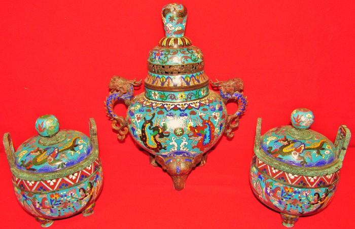 Antique Cloisonne 3pc Incense Burner Set. The Burner is 16" Tall.  2 others 9" tall 