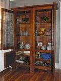 •	Pair Lighted Cabinets, Mission Inspired, Cherry Tone, Cabinet w/ Leaded Bubble Glass Doors & Thick Plate Grooved Glass Shelves Over Lower Cabinet, Antiqued Brass Pulls, Place SxS or Separate, 29"W X 22"D X 78"H