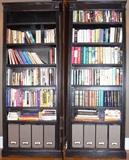 Two Six-shelf Ebony Stain Bookcases, Shaped Base, Reeded Front, Crown Top, 32"W X 13"D X 84"H