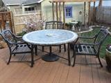 Empress Stone Topped Round Outdoor Table 60"D & Three Chairs  & Red 8' w/ Wood Frame Table Umbrella
