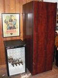 Koolspace 200 Bottle Capacity Locking Wine Cooler, Burled Cherry Finish w/ Solid Front Door, 24-1/2"W X 26-1/2"D X 70"H (& Some Other Items For The Wine Aficionado). Small Cooler on Left is Not For Sale