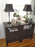 Z Gallerie Pr. Nightstands, Cubby Over Two Drawers w/ Wood Sq. Bar Pull, Dark Walnut Stain, 22-1/2"W X 17"D X 30"H
Coordinating Queen Bed, Square Lattice Head & Footboard, Dark Walnut Stain w/ Simmons Beauty Rest Pillow Top Mattress Set