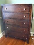 •	Five Drawer Chest (Two Med. Over Three Deep) , Walnut Finish & Round Pewter Finish Pulls, Inset Side Panel, Straight Legs w/ Side Rail Stretcher, Bassett, 40"W X 20"D X 54"H