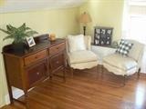 Pr. Fr. Prov. Low Back Chairs in Ivory Brocade & Sm. Deco Oak Sideboard, Carved & Applied Diamonds, Twist Legs, 48"W X 17"D X 37"H