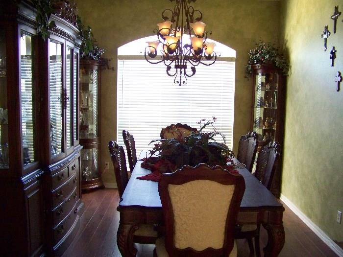 Formal Dining table with 6 chairs, China Hutch, 2 curio cabinets
