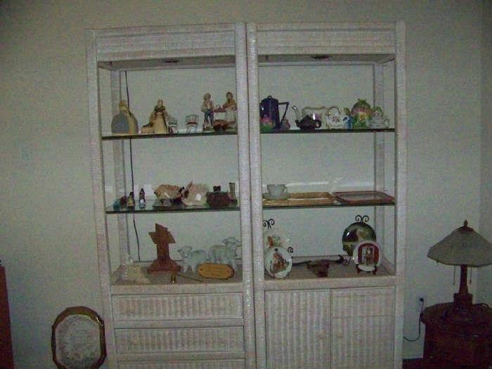 Display Shelves, tea pots, plates, lamp