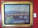 European Bridge Oil Painting by Mildred Burrage - Signed "Burrage 1930"