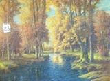 Large River & Forest Signed Oil Painting 