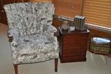 Adorable wing back chair with small vintage display cabinet