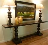 Painting by John Richard, pair of Piano Leg Lamps, and 8' plank top trestle table.