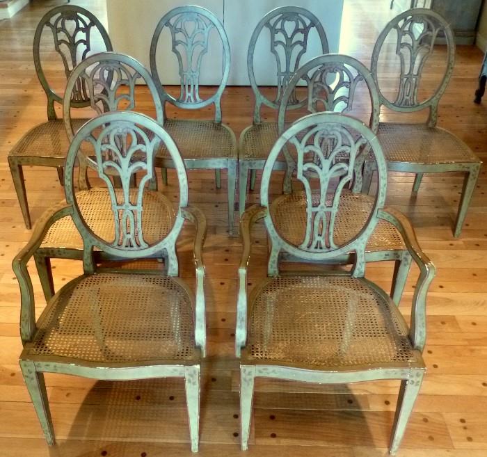 Set of 8 hand painted Neoclassic Italian Dining Chairs, with banquet covers and cushions (not pictured)