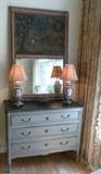 Louis 16 dove gray painted commode with trumeau mirror.