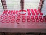 Cranberry glassware service for 12-tumblers, wine glasses, sherry glasses, sherbets, some cups and bowl