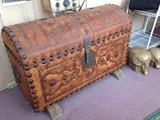 Leather-clad French trunk w/ red velvet lining