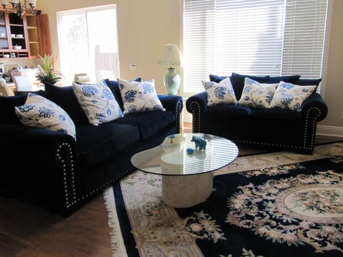Jeomes Blue Sofa & Love Seat, Large Chinese Rug