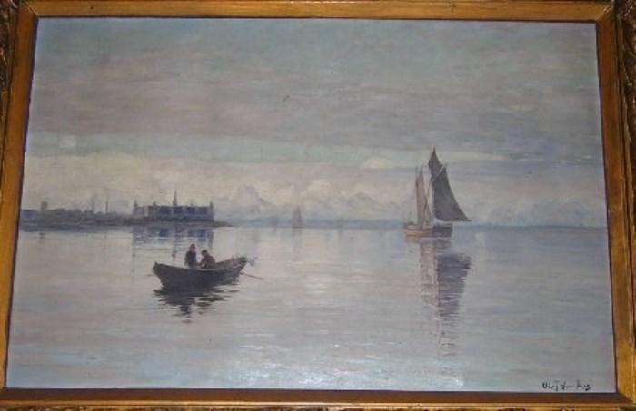 "Fishing off Elsinore Castle" by Olof Krumlinde, Listed.  1856-1945.