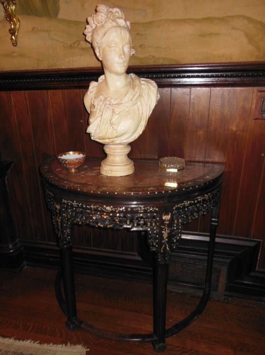 1920's Chinese Console Table w/ Inlaid Mother-of-Pearl; a Classical-Style Bust of a Goddess; a small Satsuma Bowl