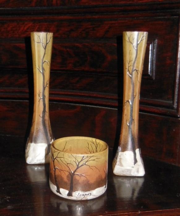 An Art Nouveau Pair of Legras Vases with a Legras Cup, all signed.