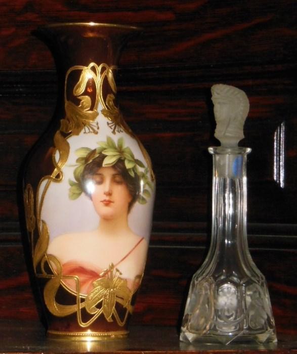 An Art Nouveau Amphora Portrait Vase is SOLD!  a signed Art Deco Lalique-Style Perfume Bottle with Stopper.