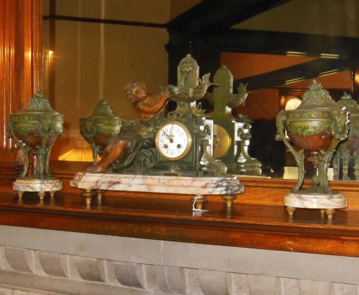 Late-19th. C. French Patinated & Tinted Mantel Clock and Garniture Set