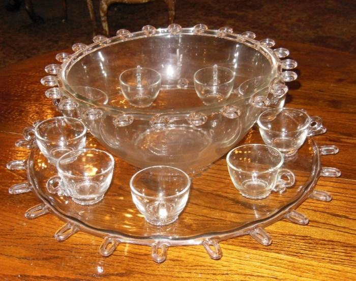 Antique Hand-Blown Punch Bowl w/ Cups and Platter