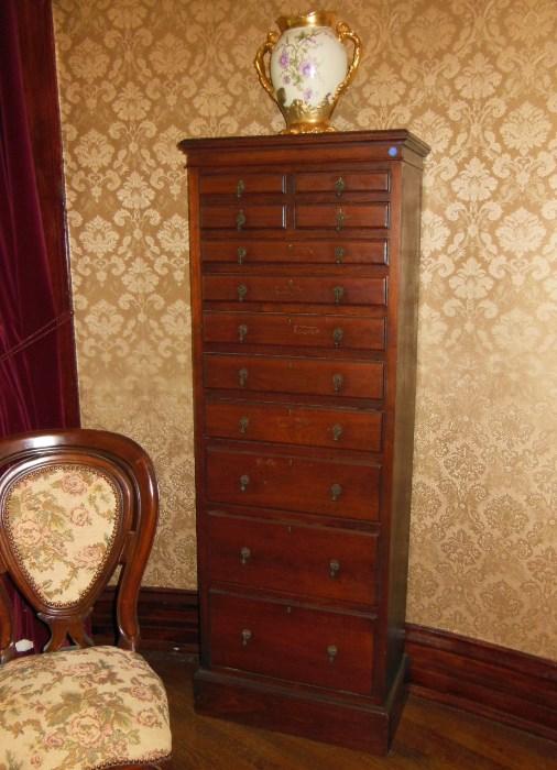 A Antique Tall Walnut Office Document Chest w/ an Antique Bavarian Hand-Painted Vase  both SOLD!