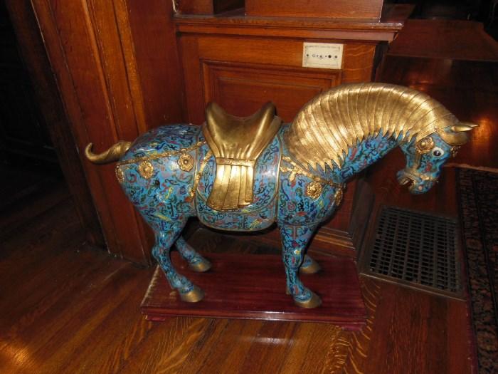 One of a Pair of Monumental Cloisonne & Gilt-Metal Stallions