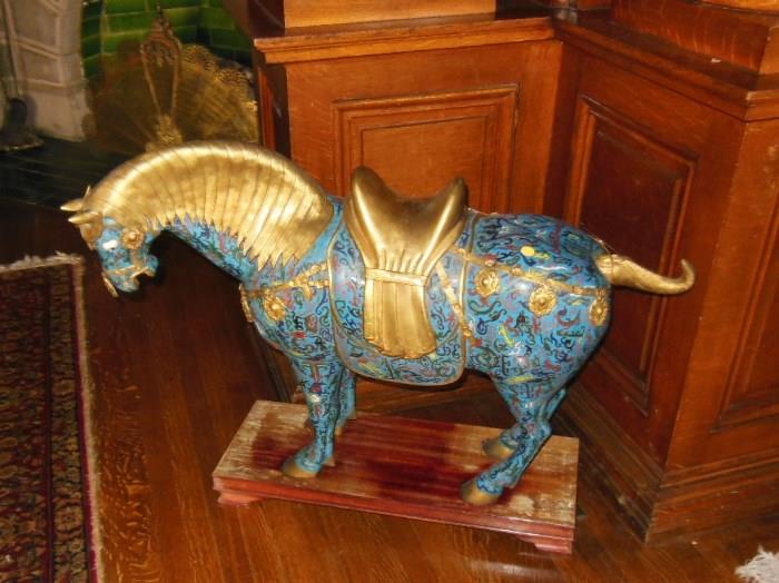 One of a Pair of Monumental Cloisonne & Gilt-Metal Stallions