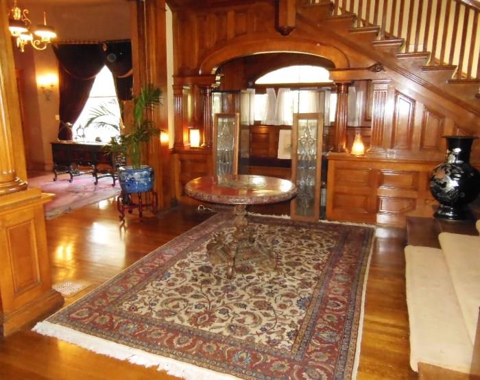 1920's Carved Chinese Center Table on a Fine Persian Rug; a Pair of Antique Leaded Glass Windows