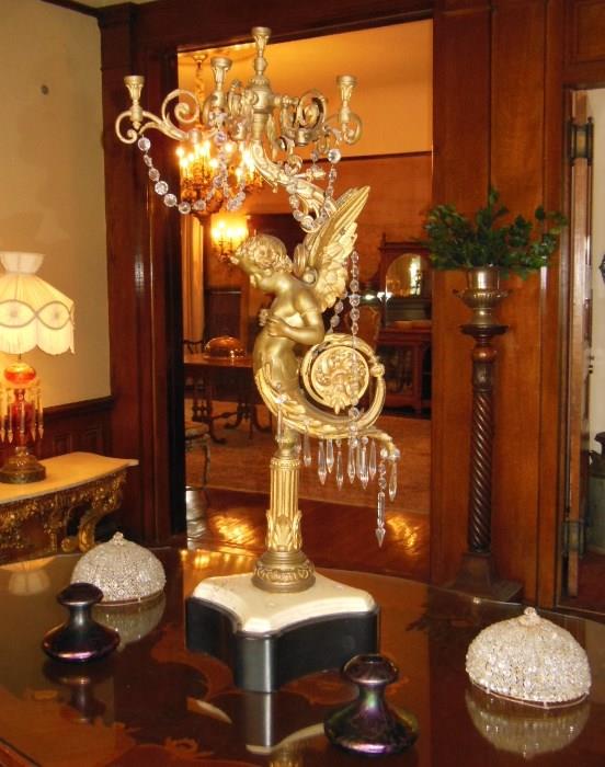 Gilt Baroque-Style Candelabra with a pair of Antique Crystal-Bead Flush-Mount Chandeliers and a pair of Art Nouveau Loetz Glass Bud Vases