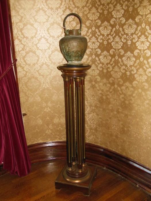 Antique Pedestal with Brass Inlay and an 18th. C. Bronze 2-Spout Water Pail