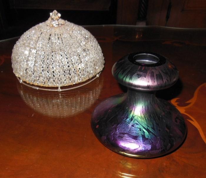 Pair of Art Nouveau Loetz Glass Bud Vases (Pair of Antique Crystal-Bead Globes SOLD!)