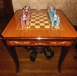Inlaid Game Table w/ 22 K Gold-Decorated Chess Pieces