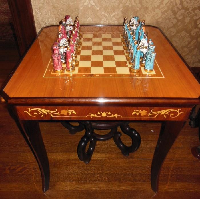 Inlaid Game Table w/ 22 K Gold-Decorated Chess Pieces
