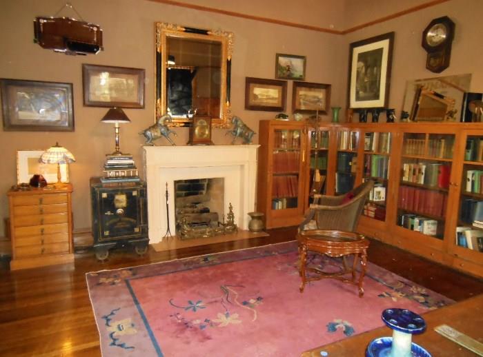 Library with Antique Sepia Photos; Gold & Black Lacquer Beveled Mirror; Hand-colored Etchings; Pair of Cloisonne Stallions; 1920's Chinese Deco Rug; Elephant Collection; a Collection of Antique Books, etc.  PS: The Safe is NOT for sale, sorry.