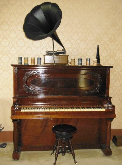 An Antique Upright Piano w/ Ivory Keys SOLD!; a Thomas Edison Cylinder Victrola, ca. 1880, with Rolls.