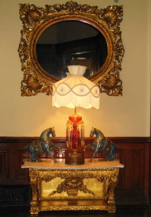 Large Late-19th. C. Roccoco Gilt Mirror over a Gilt Pier Table with Marble Top; an Antique Tall Etched Ruby-Glass Lamp; and a Fabulous Pair of Cloisonne & Gilt-Metal Stallions  