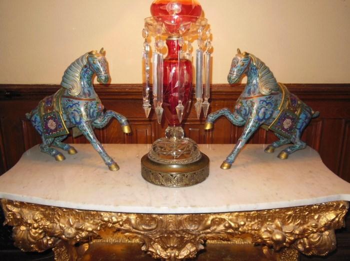 Pair of Fine Cloisonné and Gilt-Metal Prancing Show-Horses; on an Antique Gilt-Wood Pier Table with Marble Top.