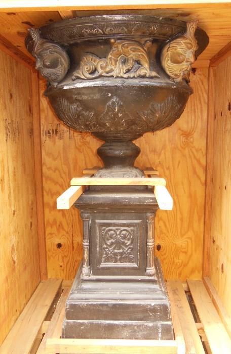 A Monumental Late-19th. C. Cast-Iron Urn-on-Base with Bronze Masks and Ornaments.