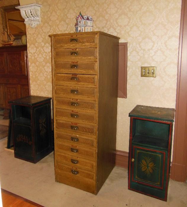 A 1920's Tall Oak Document Cabinet with two vintage painted Side Cabinets