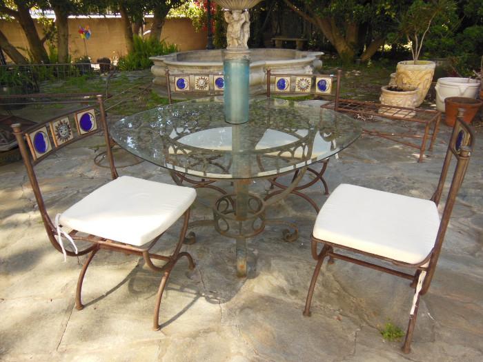 Wrought Iron Patio Set w/ Glass Top Table & Four Tile-Back Armchairs