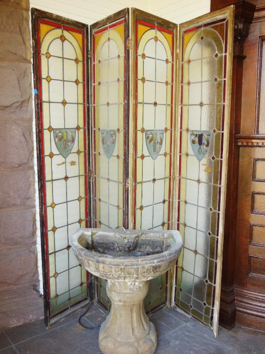 Antique Four-Paneled Stained-Glass Screen with a Fountain Base