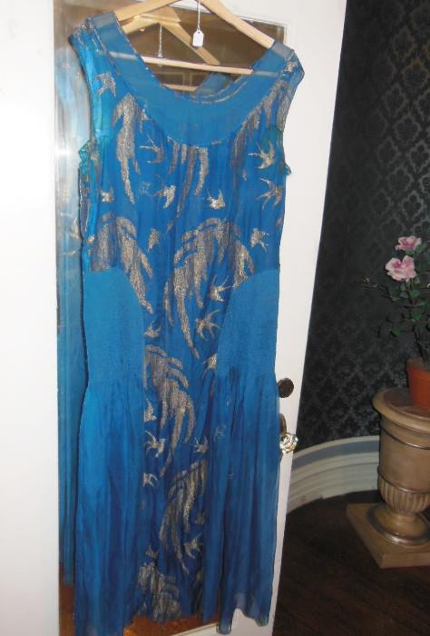 A Fabulous 1920's Silk Chiffon Gown w/ Pure Gold Thread Embroidery