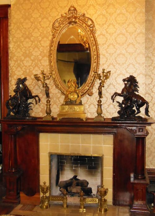 A Pair of Large Marly Bronzes; an Antique Gilt Oval Mirror; Pair of Empire-Style Gilt Candelabra; and a Fabulous Gilt Bronze 19th. C. French Mantle Clock from the Collection of Prince Montino Blourbon del Monte di San Faustino!