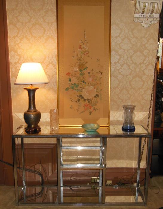 A 1960's Horizontal Chrome Etagere SOLD! and a Floral Painting on Silk with a Pewter & Brass Vase converted into a Lamp.
