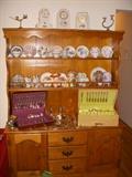 So Cal brand rock maple hutch displaying cups &amp; saucers, head vases and Silverplate flatware