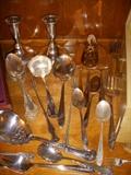 Assorted silverplate pieces.  Candlesticks are weighted sterling